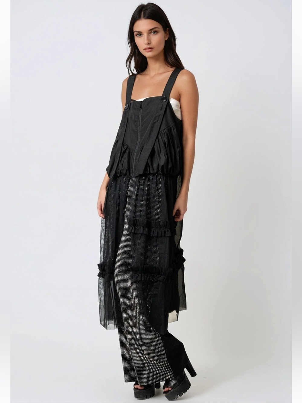 NEW KATE HEWKO Tulle Hem Cargo Zip Top in Black - One Size